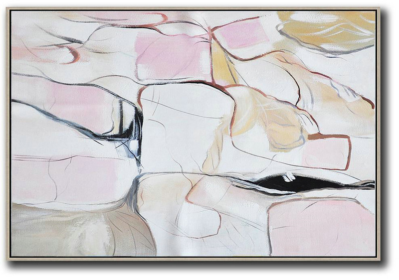 Oversized Canvas Art On Canvas,Oversized Horizontal Contemporary Art,Abstract Art Decor,Contemporary Painting White,Pink,Yellow,Grey